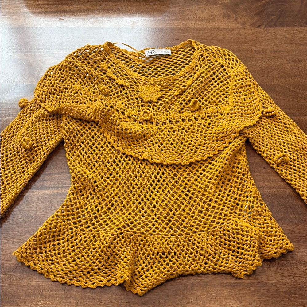 Zara Mustard Yellow Crochet Sweater